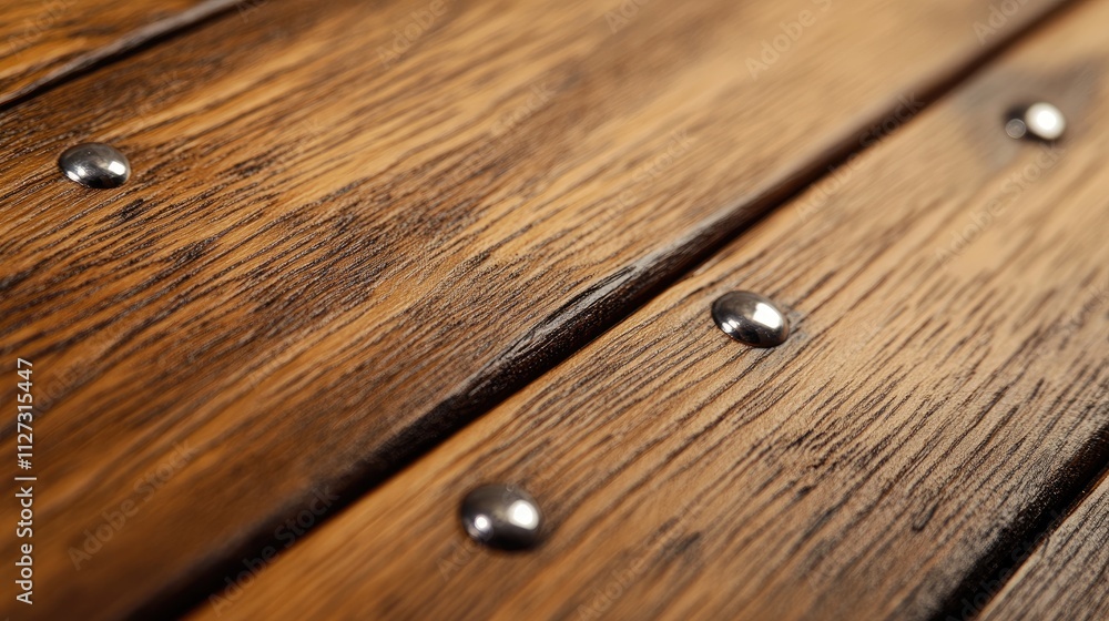 Poster wooden surface with shiny nails detail showcasing rustic carpentry craftsmanship and natural texture