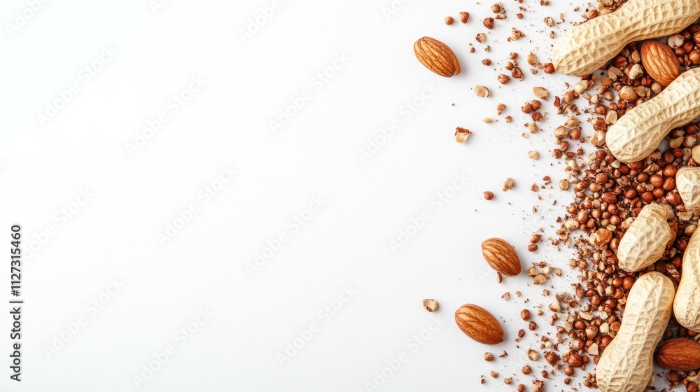 Poster Assorted nuts and peanuts on a clean white background with ample space for text or graphic elements in a food or nutrition layout