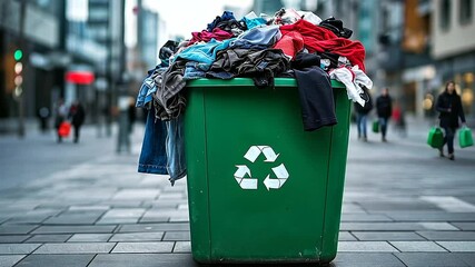 A green recycling bin overflowing with used clothes in an urban environment, with a message encouraging textile recycling and eco-friendly habits.