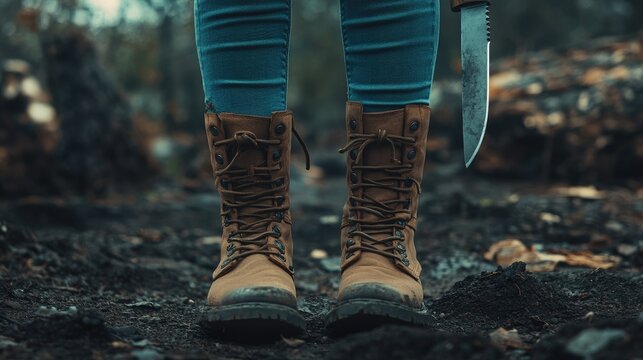 Woman in brown boots standing on rugged terrain holding a knife in a forest setting, conveying strength and readiness for adventure.
