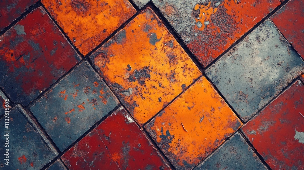 Poster close up view of colorful red and orange cement bricks arranged in a patterned design on a textured 
