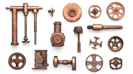 Vintage Engineering Metal Tools Arrangement on White Background for Industrial Design and Historical Reference