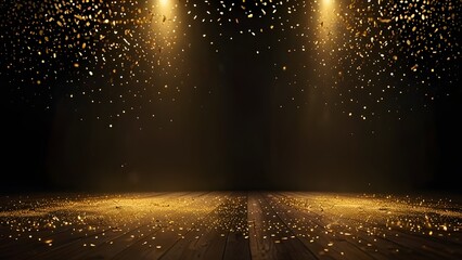 light in the dark, golden confetti rain on festive stage with light beam in the middle, empty room at night mockup with copy space for award ceremony, jubilee, New Year's party or product