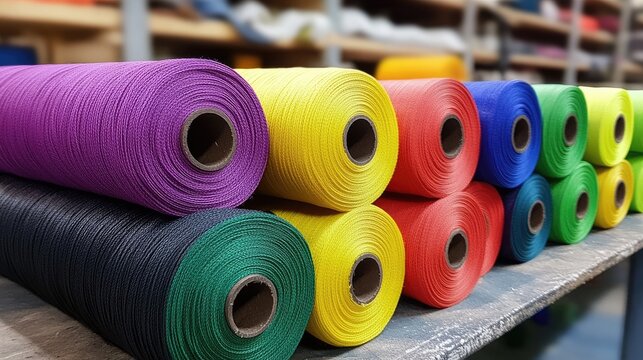 Vibrant rolls of polyester yarn in various colors for leather sewing displayed on a shelf in a workshop setting