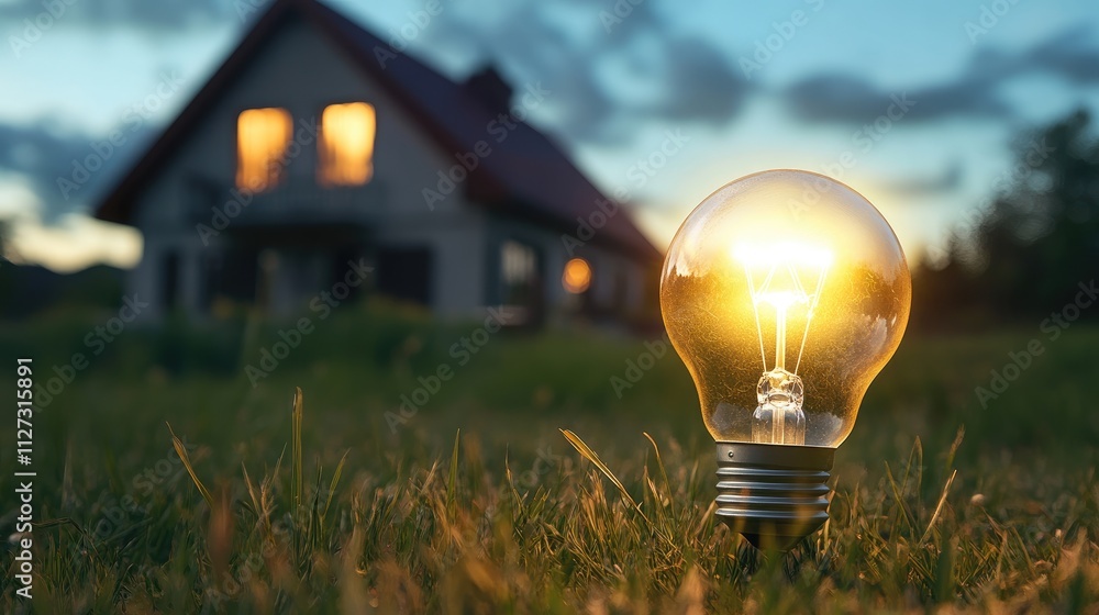 Poster illuminated light bulb in grassy meadow with house in the background at dusk showcasing creativity a