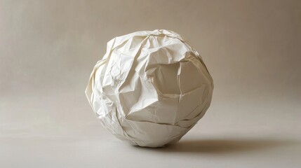 Crumpled paper ball on a neutral background symbolizing waste or creative ideas in a minimalist design concept.