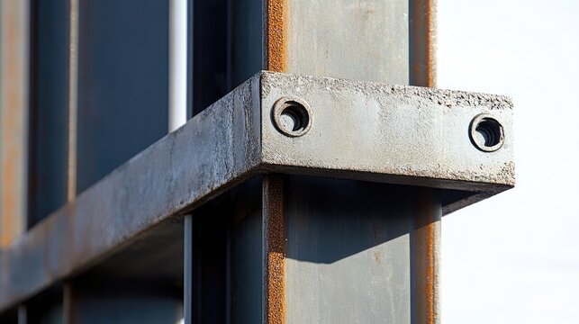 Detail of metallic construction featuring structural steel poles showcasing welding and installation elements in industrial setting.