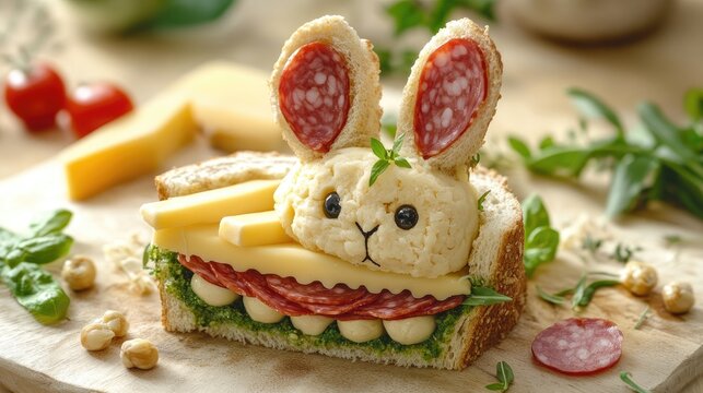Creative rabbit-shaped sandwich with cheese and salami garnished with fresh herbs on a wooden board ideal for festive meals or children's parties