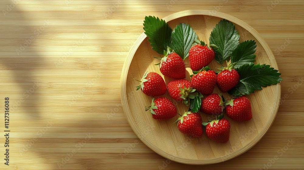 Poster aerial view of fresh strawberries with leaves on a round bamboo plate set against a smooth wooden ba