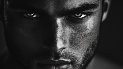 Naklejka premium Intense close-up portrait of a young male exuding strength and emotion with dramatic lighting and sharp features in monochrome artwork