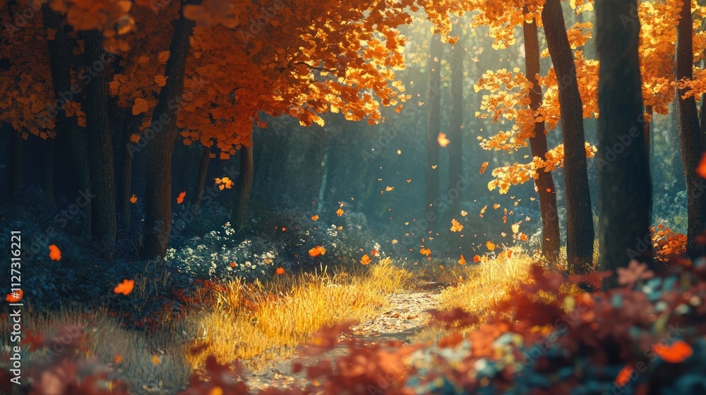 Poster vibrant autumn forest scene with colorful foliage and soft sunlight illuminating a serene pathway th