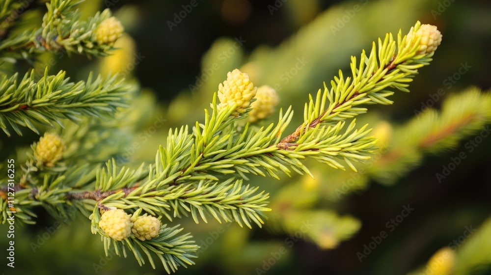 Poster cryptomeria branch with golden cones in soft sunlight showcasing vibrant green foliage in a serene o