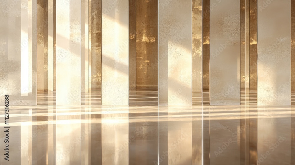 Poster elegant beige gold interior featuring reflective pillars and mirrors creating a luminous and spaciou