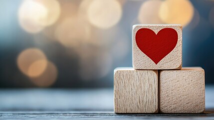 Building Trust in Business Partnerships Wooden Blocks with Red Heart Icons Symbolizing Customer Loyalty and Advocacy on a Soft Background