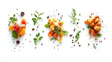 Collage of delicious chicken curry dishes garnished with fresh herbs and spices on a bright white background