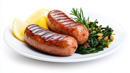 Juicy alheira sausage is presented on a white plate with lemon wedges and saut&eacute;ed greens