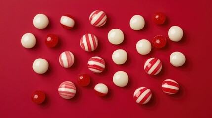 Christmas celebration red and white striped candies arranged on a vibrant red background in a flat lay style for festive decor and treats.