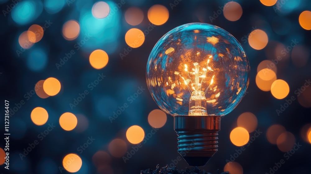 Poster Illuminated vintage light bulb against a vibrant blue and orange bokeh background creating a warm and inviting atmosphere for design use