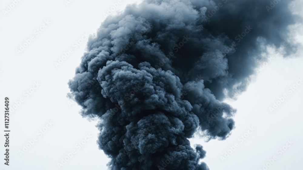 Poster dense black smoke billowing against a clean white background creating a dramatic and striking visual