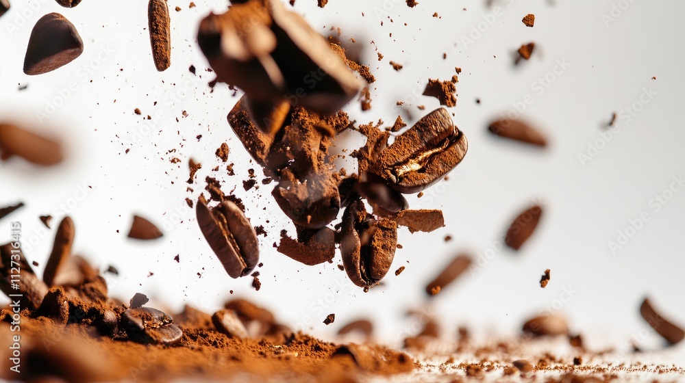 Poster Exploded coffee beans scattering against a clean white background showcasing texture and freshness in a dynamic closeup perspective