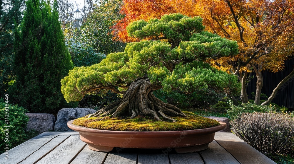 Poster tranquil cryptomeria bonsai tree surrounded by autumn foliage in a serene garden setting with sunlig
