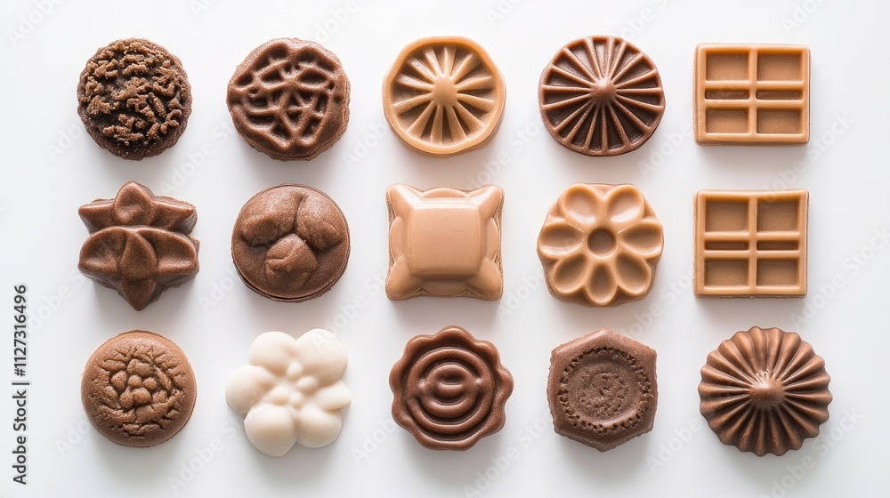 Poster assorted chocolate cookie molds arranged neatly on a clean white background showcasing intricate des