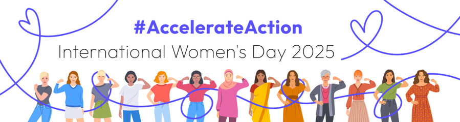 Accelerate Action campaign pose. International Women's Day 2025. Diverse women show solidarity and support to stop discrimination. Collective global activism for women's rights and gender equality