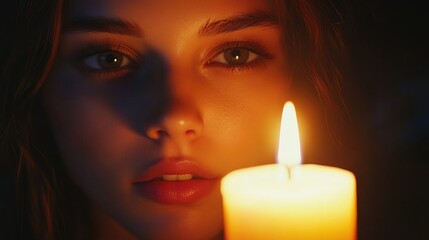 Candlelit portrait of a serene young woman with mesmerizing eyes and soft lighting creating a warm and intimate atmosphere.