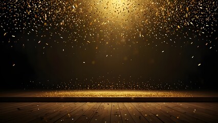 light in the dark, golden confetti rain on festive stage with light beam in the middle, empty room at night mockup with copy space for award ceremony, jubilee, New Year's party or product
