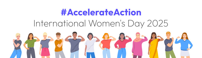 Accelerate Action campaign pose. International Women's Day 2025. Diverse women, men show solidarity and support to stop discrimination. Collective global activism for women's rights, gender equality