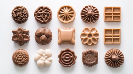 Assorted chocolate cookie molds arranged neatly on a clean white background showcasing intricate designs and textures.