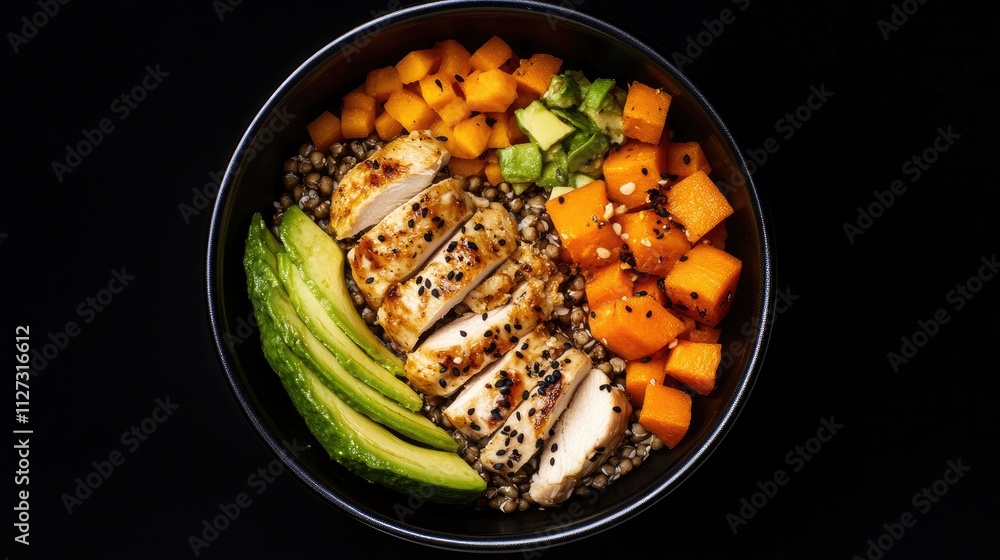 Poster bowl of nutritious ingredients featuring chicken fillet avocado carrots and buckwheat on a black bac
