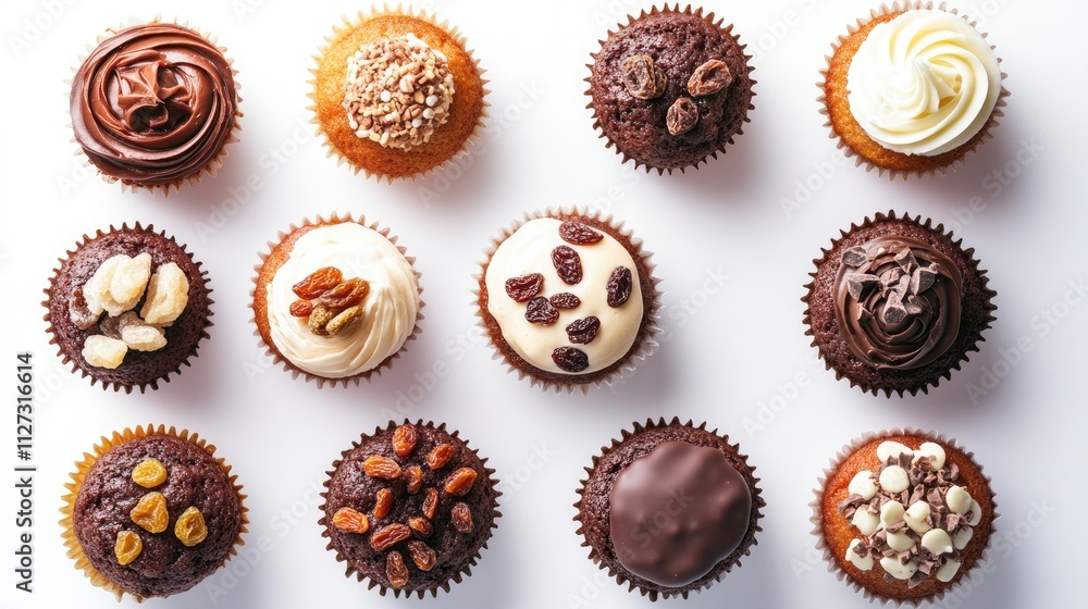 Poster assorted homemade cupcakes with raisins and chocolate displayed in an aerial view on a white backgro