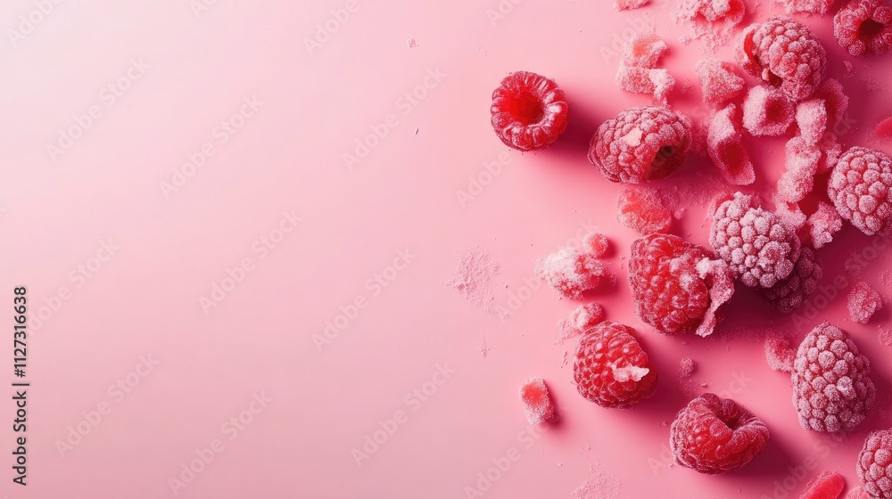 Poster raspberry fruit arrangement on soft pink background showcasing vibrant colors and textures for food 
