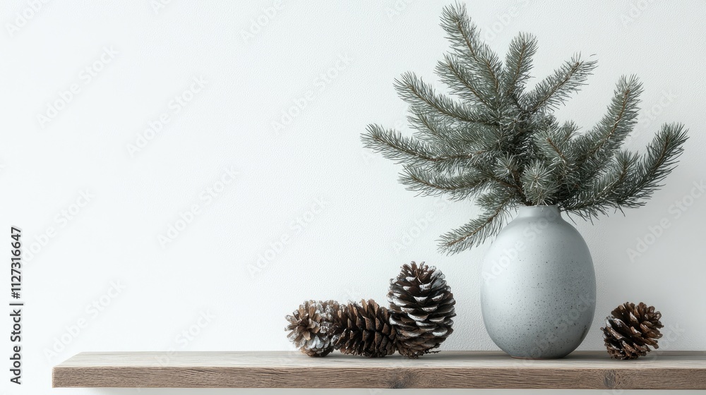 Poster minimalist scandinavian winter decor featuring pine tree branches in a vase with pinecones on a wood