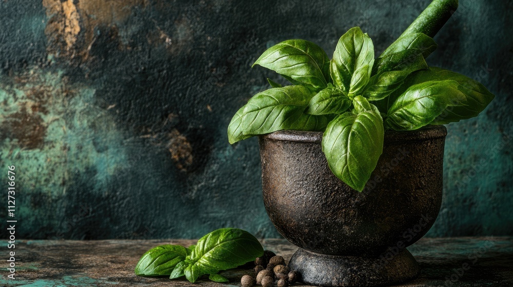 Poster fresh basil leaves in a stone mortar on rustic background for culinary and herbal concepts
