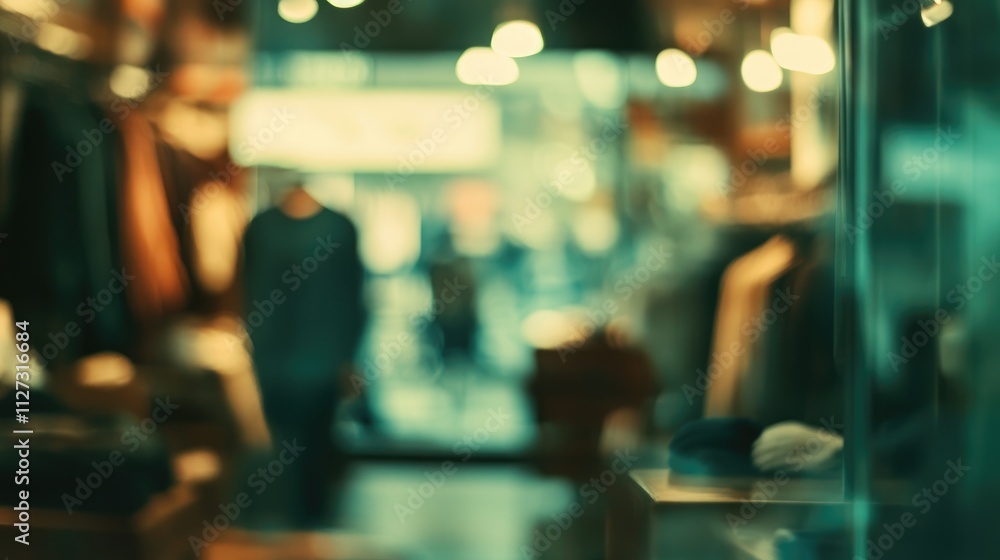 Poster blurred interior of a clothing store showcasing garments and a soft bokeh effect creating a cozy sho