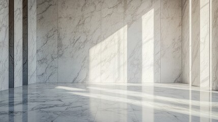 Bright and airy marble interior with sunlight casting shadows on the polished floor creating a serene and modern atmosphere