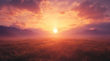 Fototapeta premium Serene countryside sunset with vibrant skies and golden hour light illuminating the horizon and gently swaying grass in a tranquil landscape