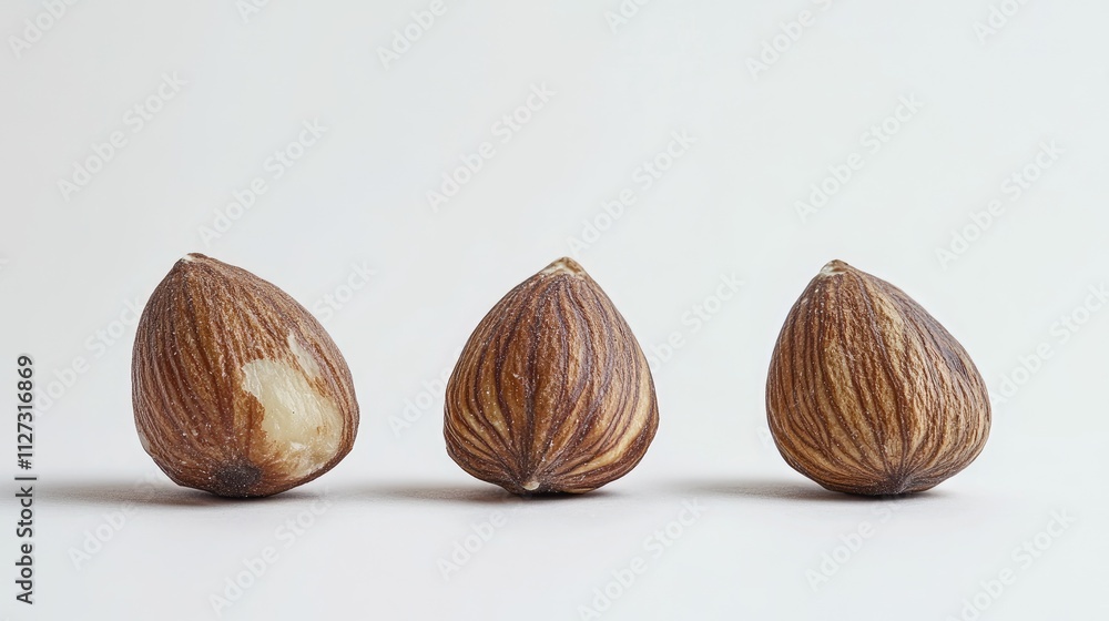 Aufkleber Raw almonds arranged in a row isolated on a clean white background highlighting their natural texture and color