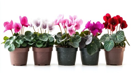 Colorful cyclamen flowering plants in pots with vibrant blooms and lush green leaves arranged in a row on a bright background
