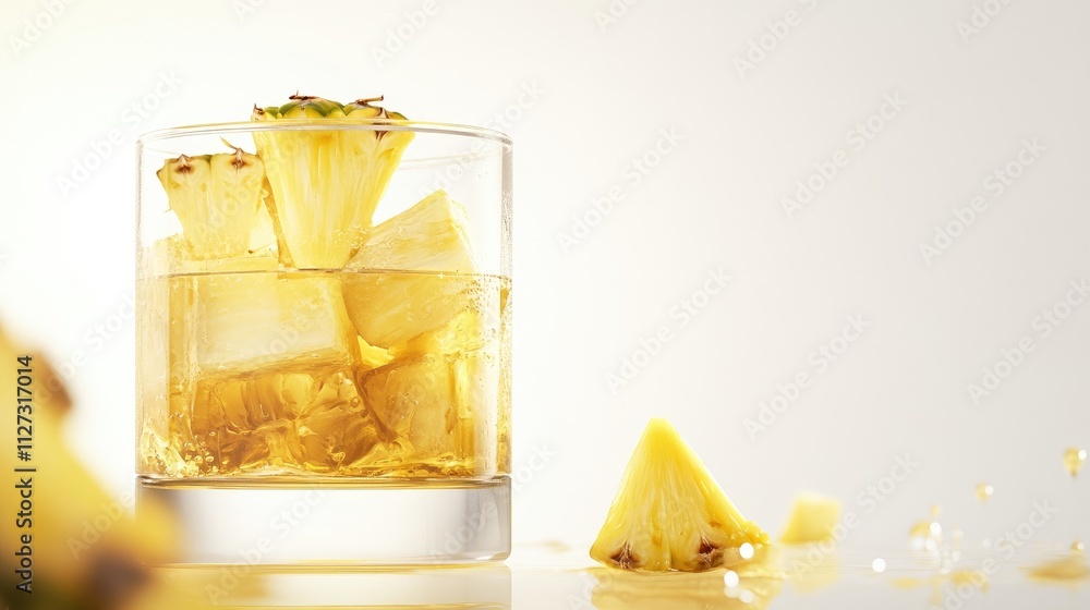 Aufkleber refreshing pineapple beverage in a glass with ice and pineapple slices on a bright background perfec