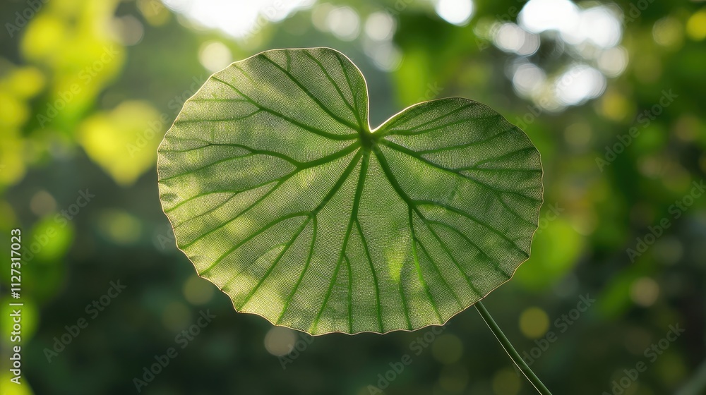 Poster close up of a translucent green leaf against a blurred greenery backdrop showcasing sunlight bokeh f