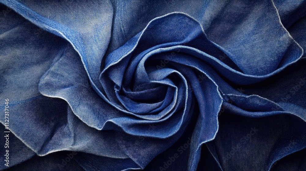 Aufkleber Blue denim fabric texture background with folds creating a beautiful spiral pattern suitable for fashion or textile design projects.