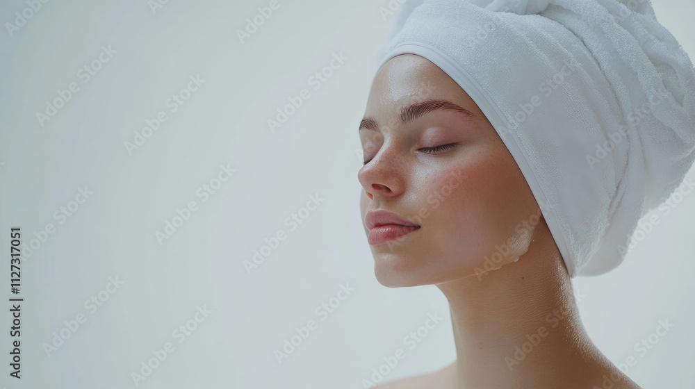 Poster relaxed woman enjoying a rejuvenating spa treatment with a towel on her head against a soft white ba