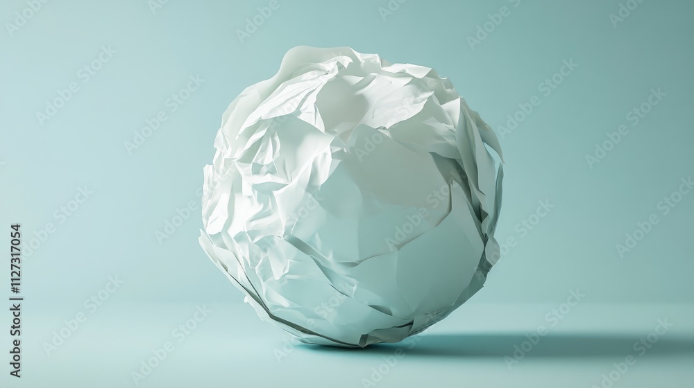 Poster crumpled white paper ball on a pastel background representing creativity and discarded ideas in a mi