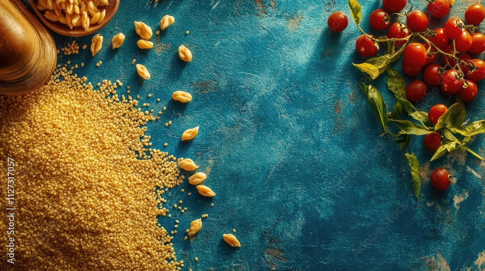 Aufkleber bulgur wheat and fresh cherry tomatoes on a vibrant blue surface with seeds and spices showcasing a 