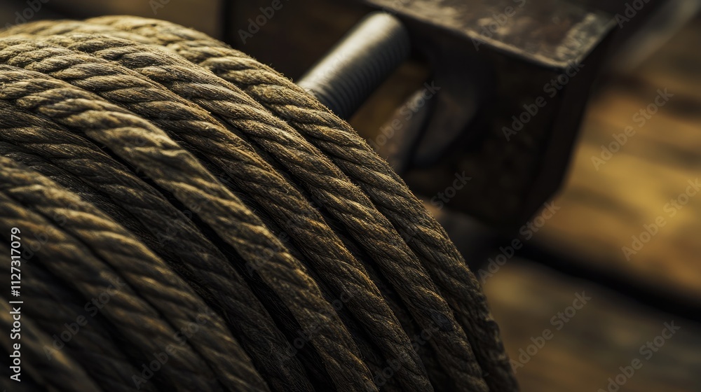 Poster coiled natural fiber rope on a rustic wooden reel showcasing texture and craftsmanship in a warm, in