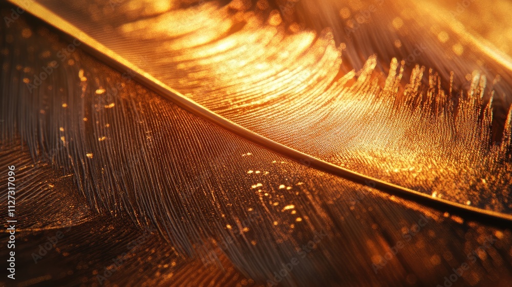 Poster Golden reflective bird feather macro showcasing intricate textures and natural patterns illuminated by soft warm light.