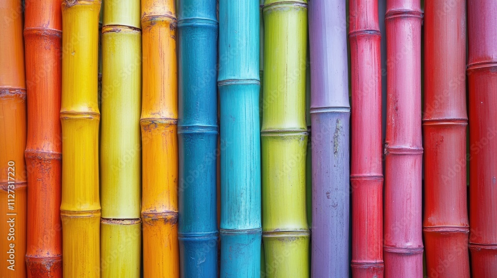 Poster vibrant multicolored bamboo stalks arranged in a seamless pattern creating a lively tropical backgro